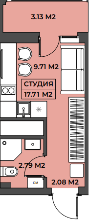 Планировка Студия 17,71 м²
