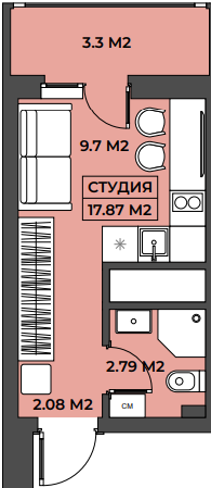 Планировка Студия 17,87 м²