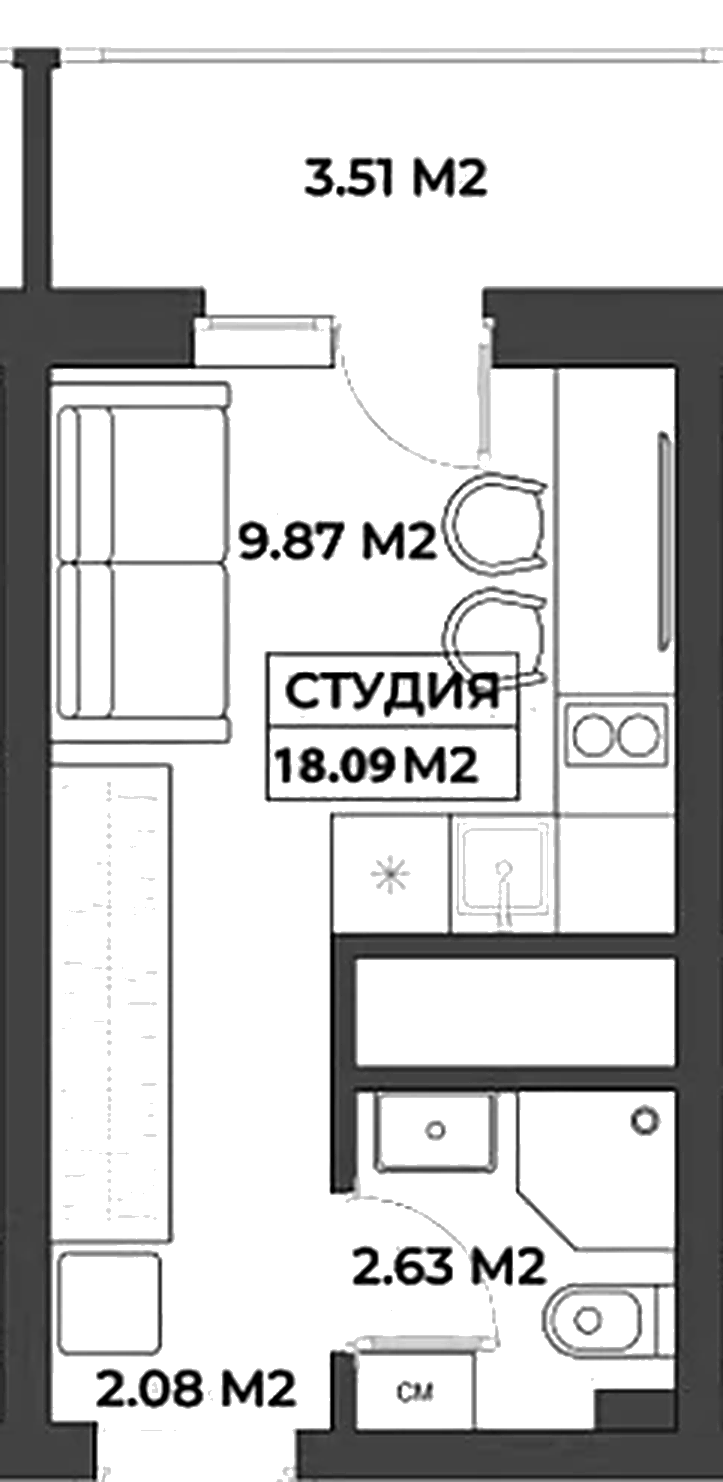 Планировка компактная студия 18,09 м²