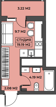 Планировка студия 19,19 м²