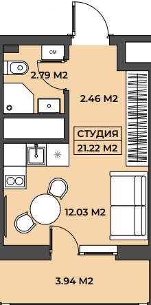 Планировка студия 21,22 м²