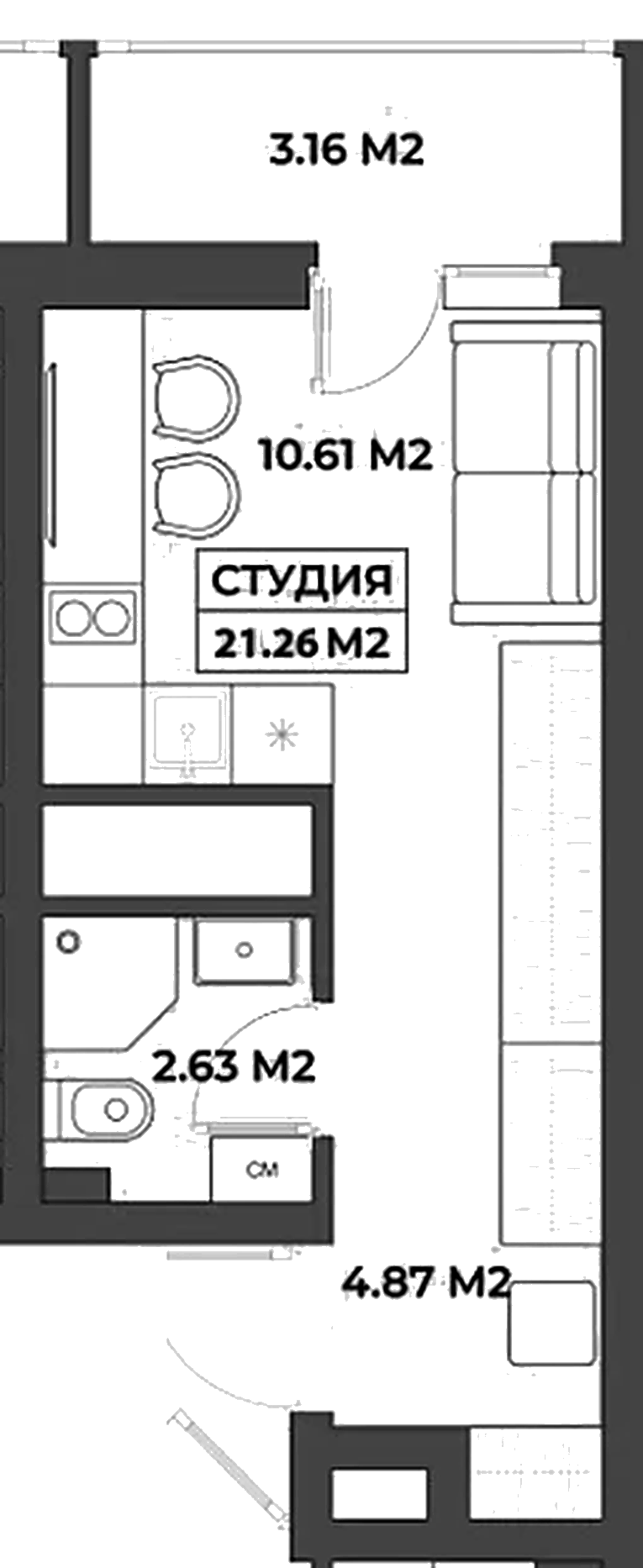 Планировка студия 21,26 м²