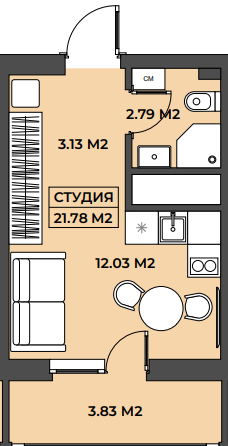 Планировка студия 21,78 м²