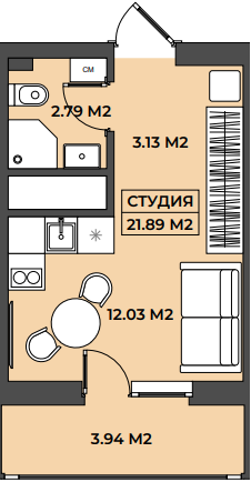 Планировка студия 21,89 м²