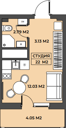 Планировка студия 22,00 м²