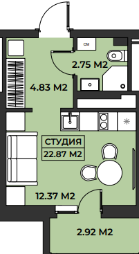 Планировка студия 22,87 м²