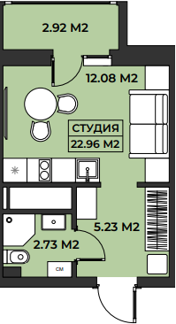 Планировка студия 22,96 м²