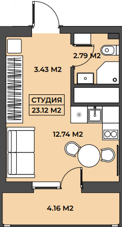 Планировка студия 23,12 м²