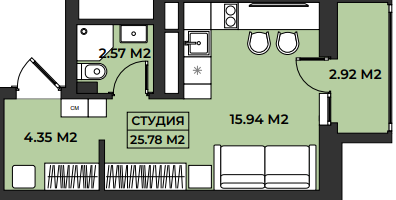 Планировка евродвушка 25,78 м²