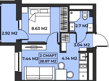 Планировка евродвушка 28,87 м²