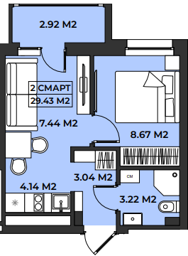 Планировка евродвушка 29,43 м²