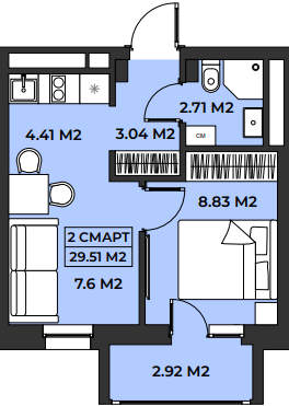 Планировка евродвушка 29,51 м²