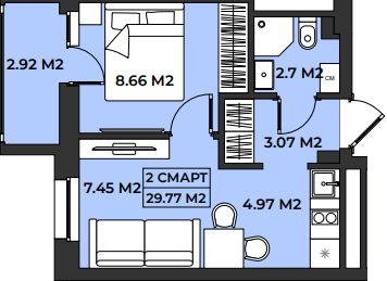 Планировка евродвушка 29,77 м²